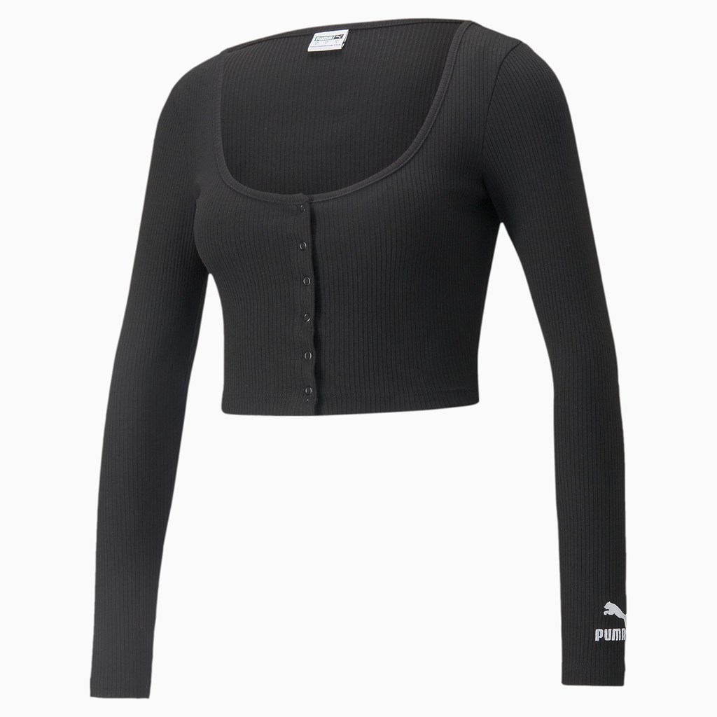 Puma Classics Ribbed Long Sleeve Løpe Tskjorte Dame Svarte | 571QICREV