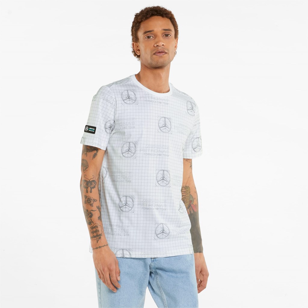 Puma Mercedes F1 Printed Logo Løpe Tskjorte Herre Hvite | 359IENCOZ