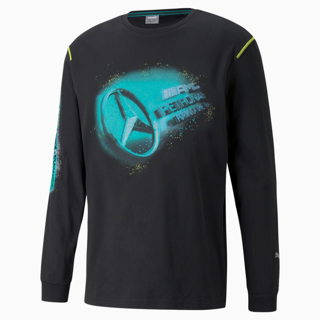 Puma Mercedes F1 Street Graphic Long Sleeve Løpe Tskjorte Herre Svarte | 986BUCJLQ