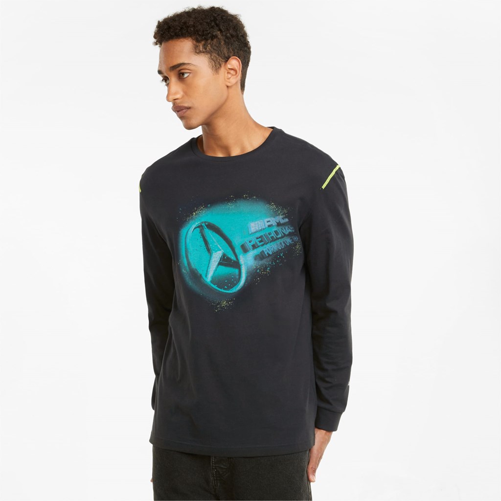 Puma Mercedes F1 Street Graphic Long Sleeve Løpe Tskjorte Herre Svarte | 986BUCJLQ