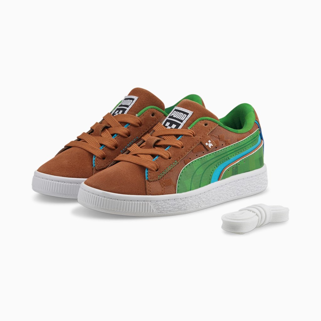 Puma PUMA x MINECRAFT Suede Little Joggesko Gutt Brune Grønn | CK3015684