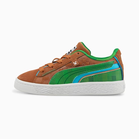 Puma PUMA x MINECRAFT Suede Little Joggesko Gutt Brune Grønn | CK3015684